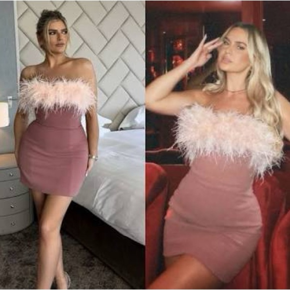 NWT house of cb Alexa Feather strapless minidress size s